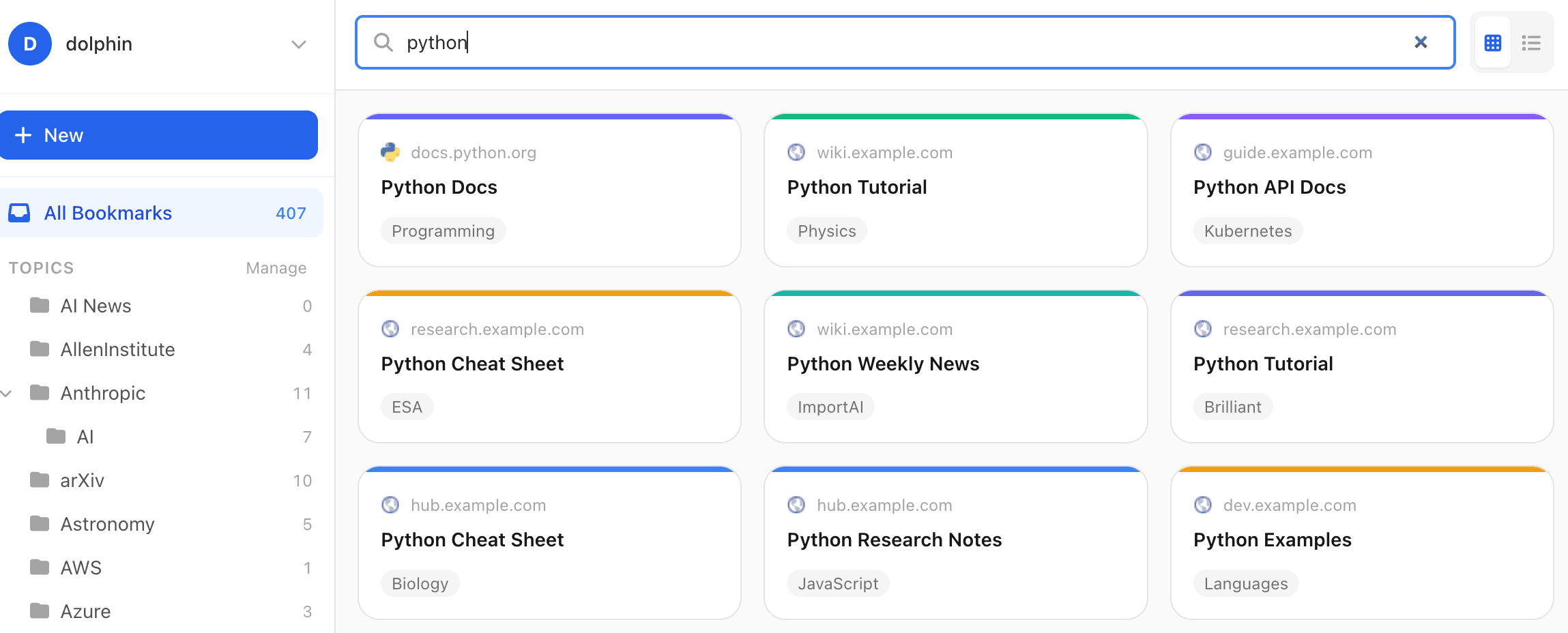 Search across titles, URLs, descriptions, topics